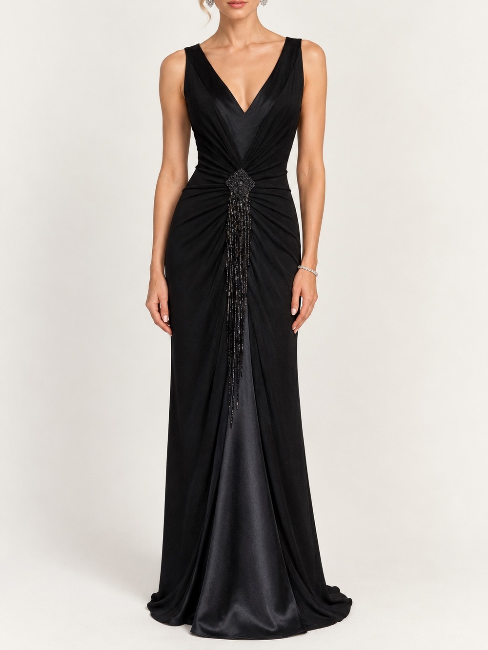 Kay Unger Black V-Neck Silk Combo Evening Gown with Beaded Detail